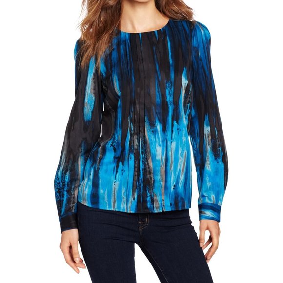 *Host Pick* Anne Klein Blue & Black Long Sleeved Blouse, Size Medium, Pl… - Picture 1 of 12